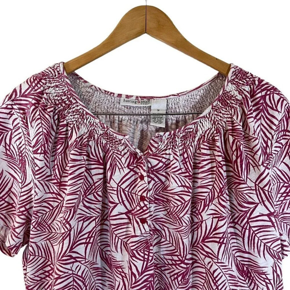 Hasting & Smith Top Plus 1X Pink White Tropical Leaf Pattern Henley Seersucker - Picture 3 of 8